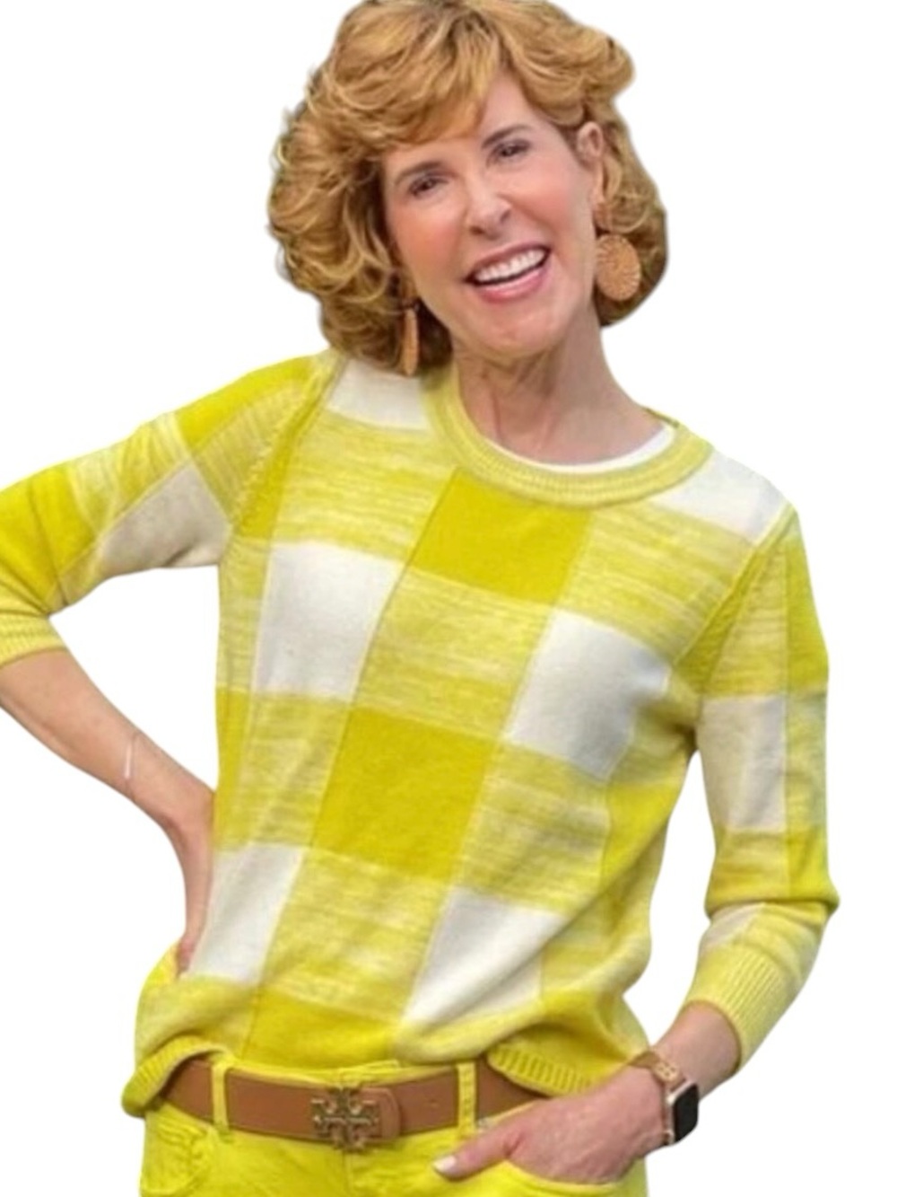 CAbi Yellow lime & Cream Checker plaid Knit Crew Sweater size small